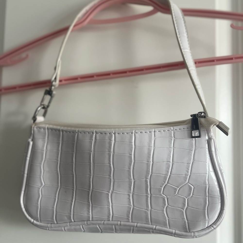 White Croc-Embossed Shoulder Bag